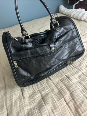Black Leather Duffel Bag with Brass Hardware American Flyer